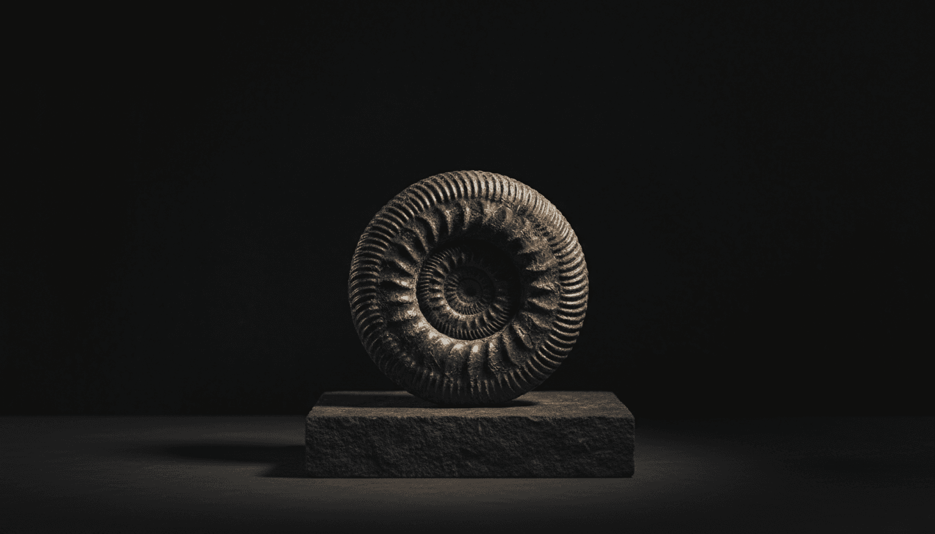 A large, fossilized ammonite shell displayed on a dark stone plinth with dramatic side lighting.