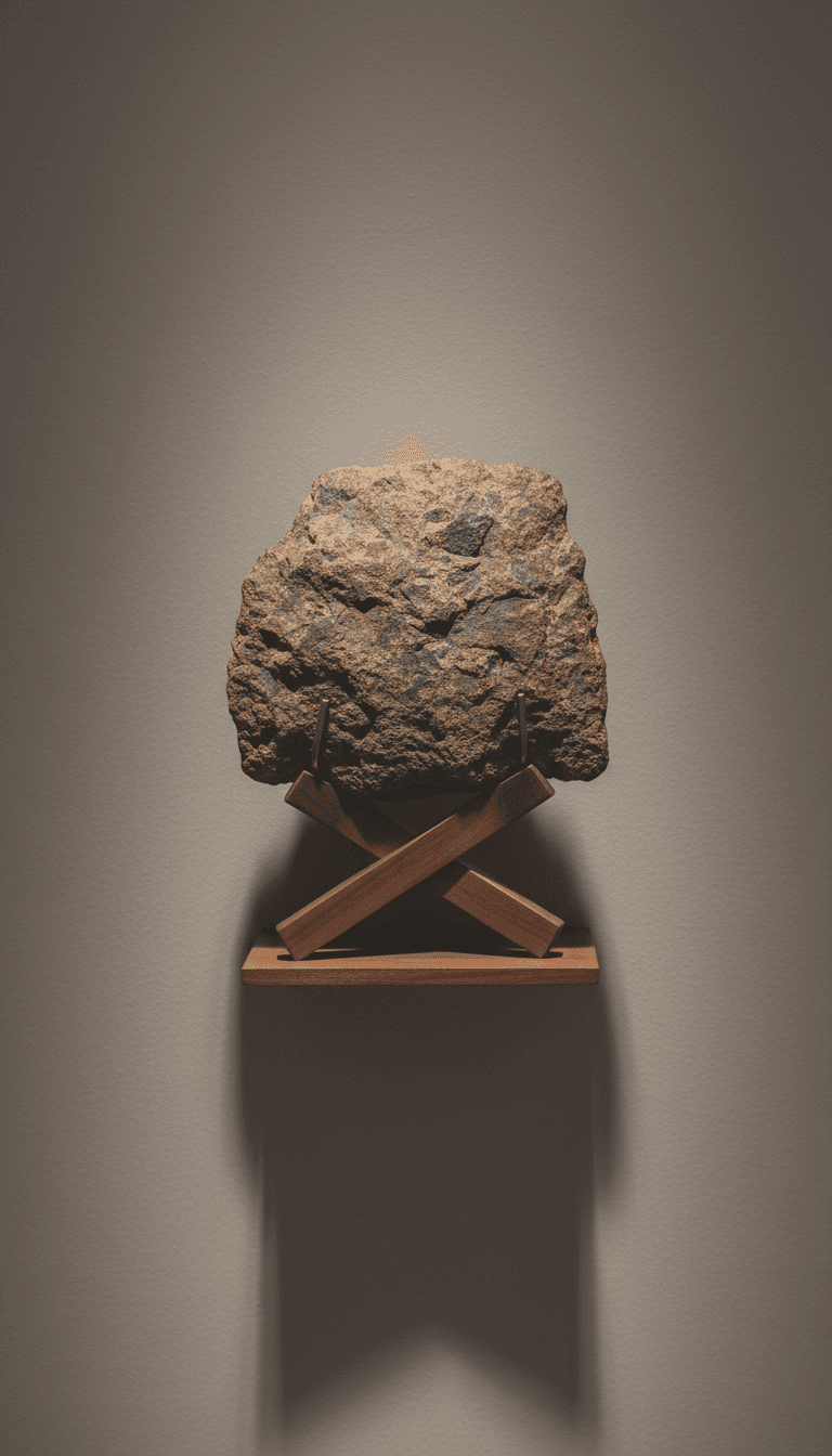 Ancient stone axe head on a minimalist stand with soft gallery lighting