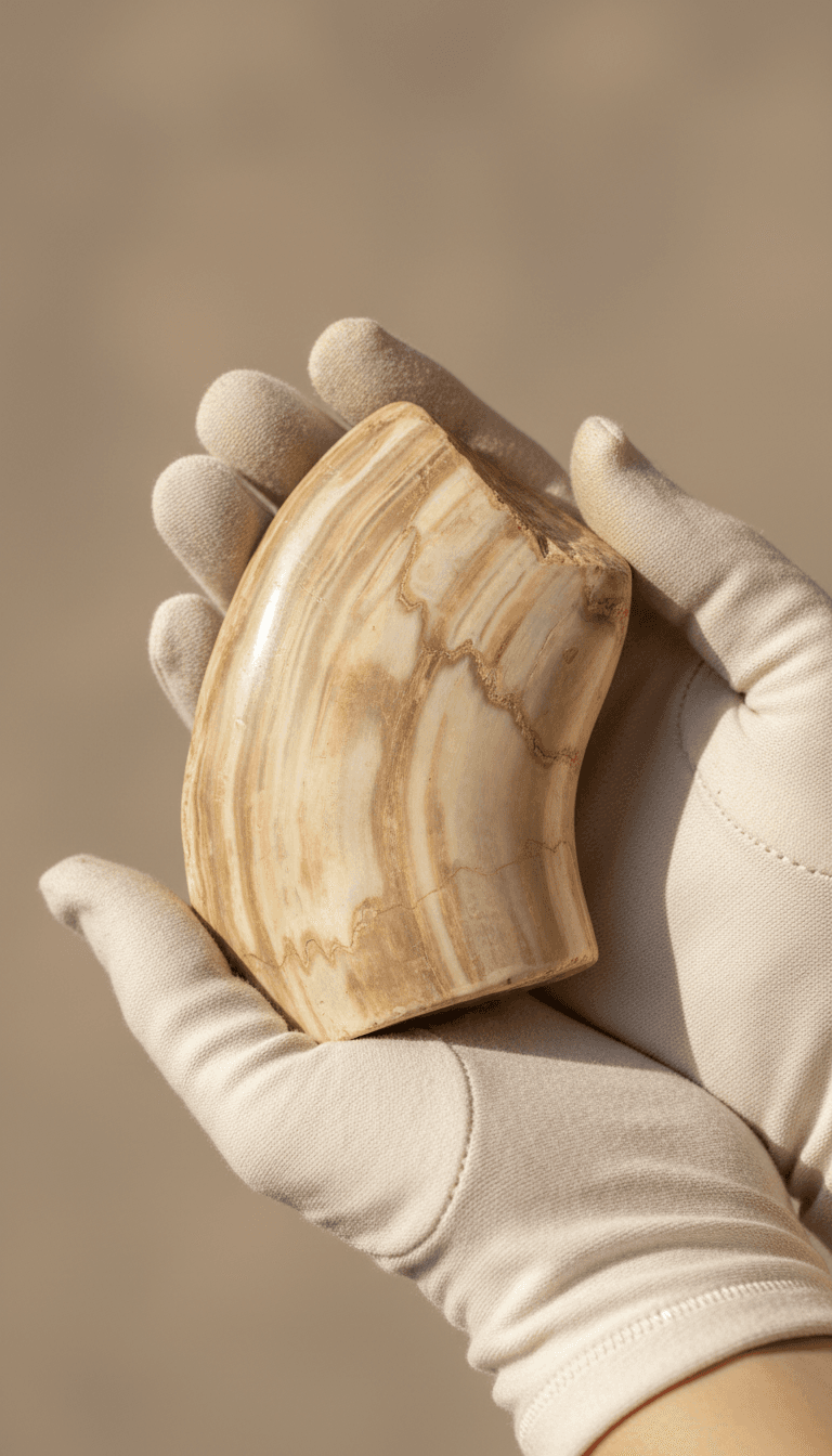 Polished mammoth ivory fragment held in gloved hands