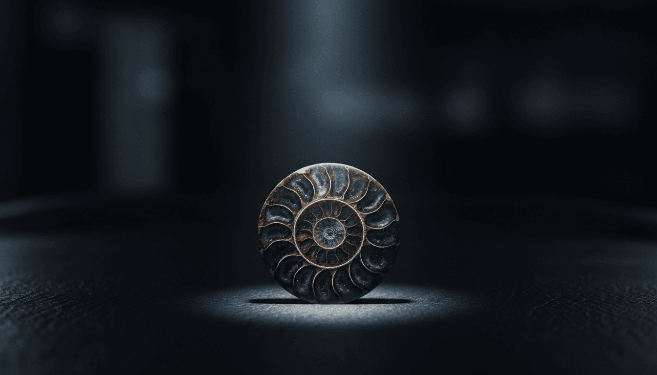 Close-up of a polished ammonite fossil catching soft light on a dark surface