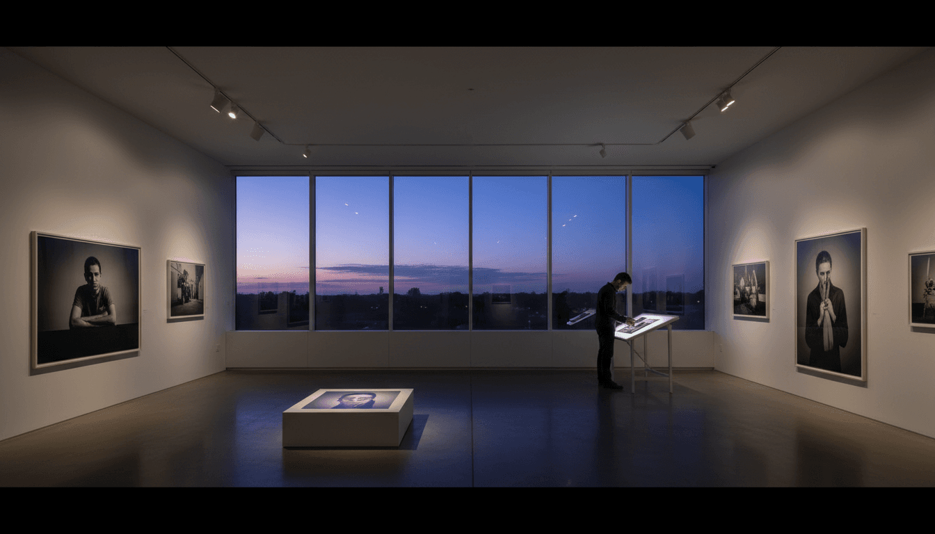 A peaceful gallery interior with a fossil on display and natural light from windows